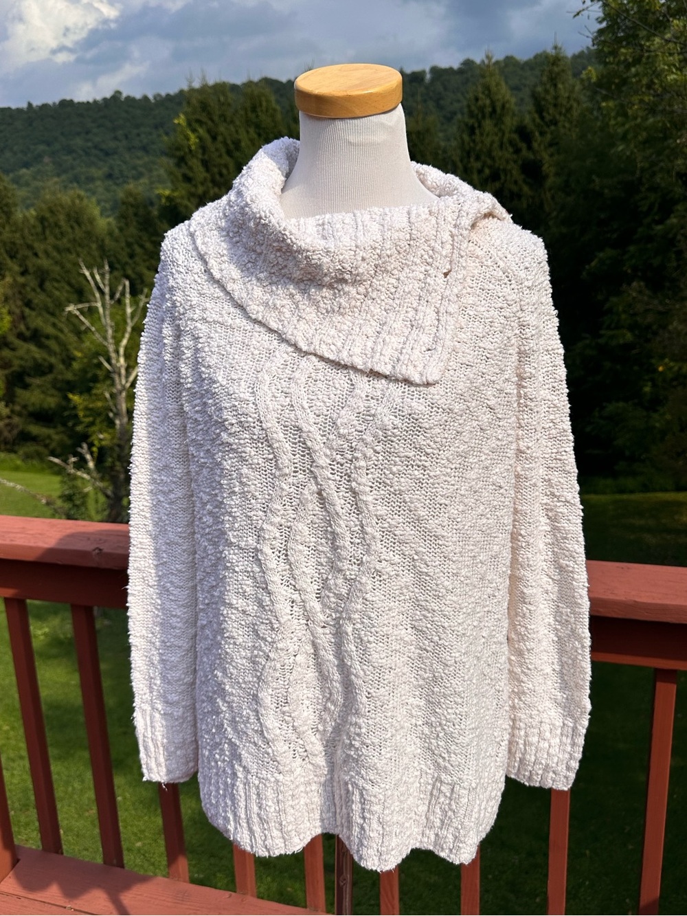 Moth Anthropologie Cream Bouclé Cable-Knit Button Funnel Neck Sweater